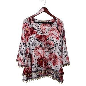 Soft Surroundings Multicolored Floral v-Neck Floral Embellished Pom Pom Blouse M